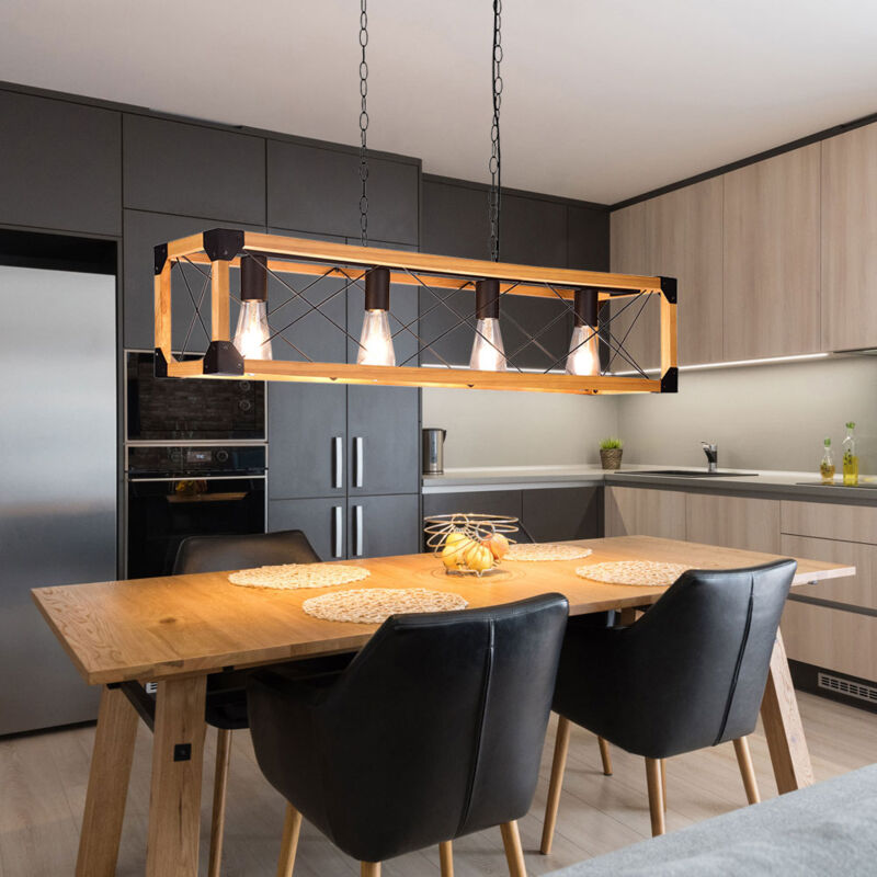 foto del prodotto lampada a sospensione, lampada in legno, lampada da tavolo da pranzo, lampada a sospensione, con struttura in legno, metallo nero, attacco 4x e27,