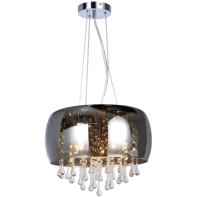 foto del prodotto lampada a sospensione, lampada soggiorno, lampada da soffitto, lampada sala da pranzo, vetro metallo cromo, cristalli colore fumo, 5 lampadine e14,