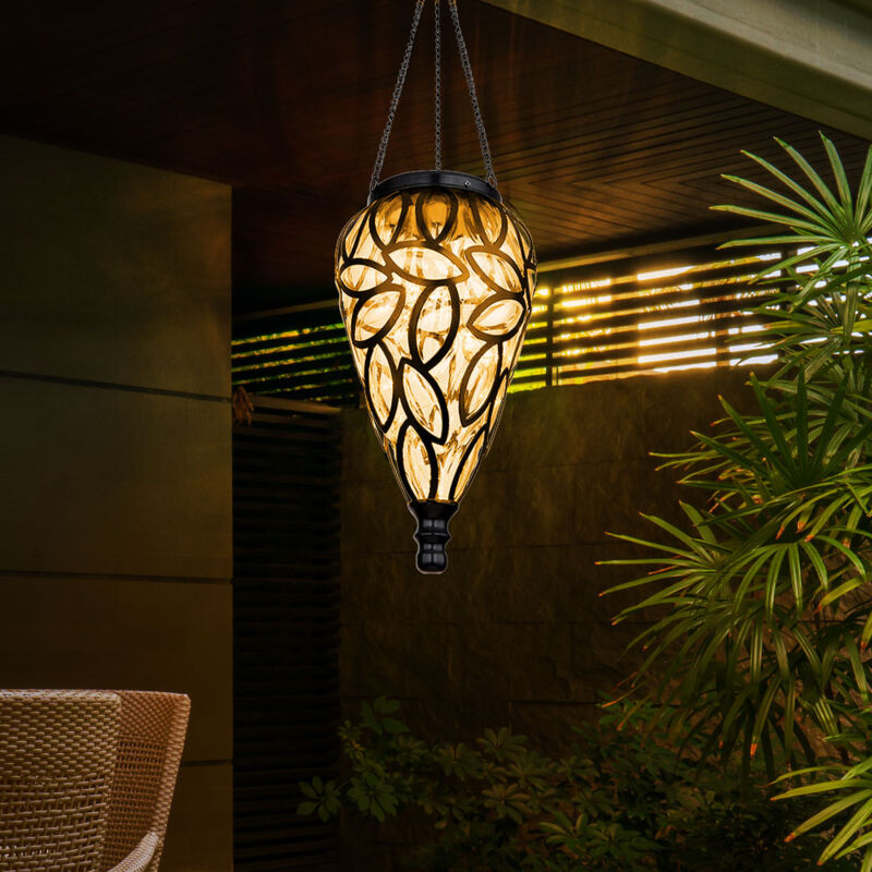 foto del prodotto lampada a sospensione lampada solare decorazione da giardino lampada da esterno lampada a sospensione solare a led, design a goccia, metallo nero,