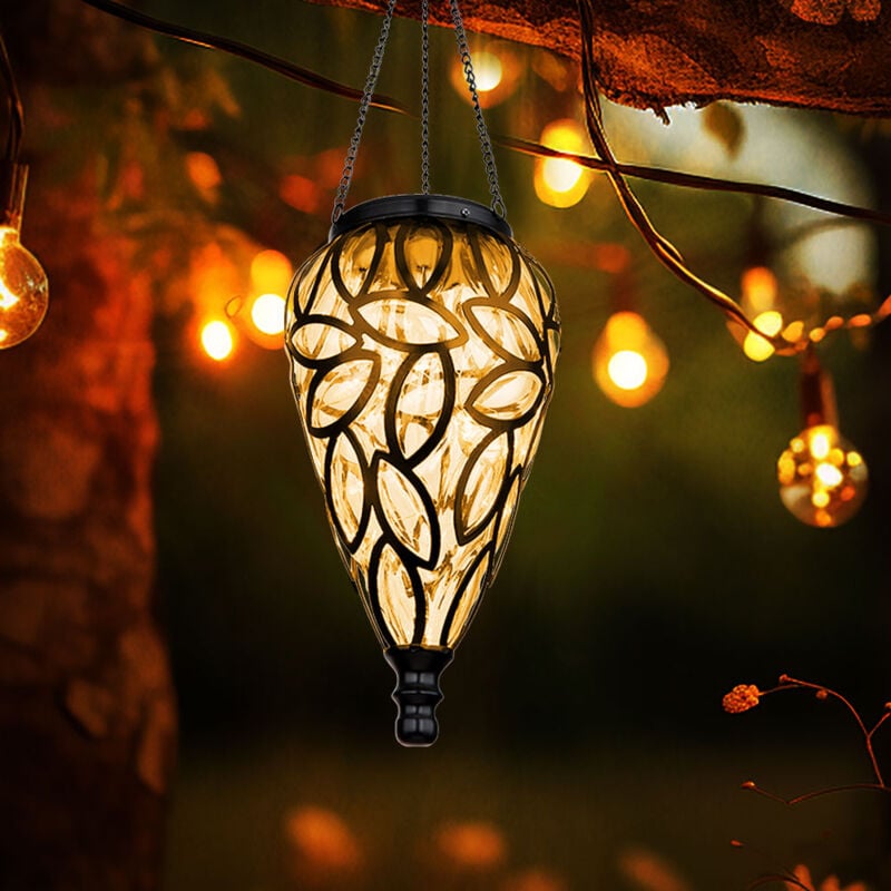 foto del prodotto lampada a sospensione lampada solare decorazione da giardino lampada da esterno lampada a sospensione solare a led, design a goccia, metallo nero,