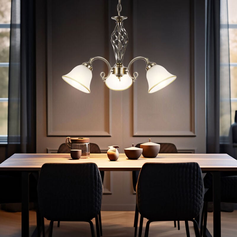 foto del prodotto lampada a sospensione lampadario a sospensione lampadario in vetro lampada da sala da pranzo ottone antico, vetro, 3 lampadine, 3x prese e27, dxh