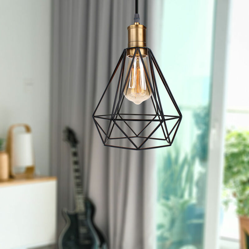 foto del prodotto lampada a sospensione, lampadario da soffitto in metallo con bronzo attacco e27, vintage illuminazione con 20cm gabbia di diamante per soggiorno
