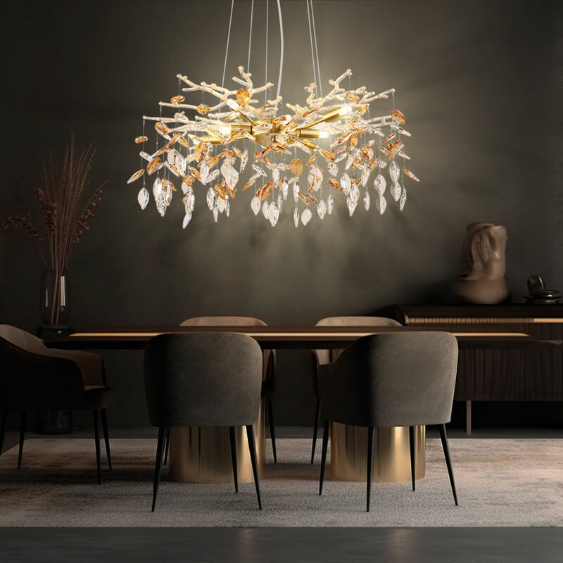 foto del prodotto lampada a sospensione lampadario lampadario lampadario da tavolo lampada in vetro foglie cristalli, metallo, 8x prese g9, dxh 61x120 cm