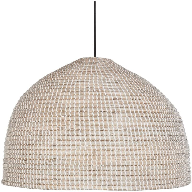 foto del prodotto lampada a sospensione lampadina fulminata con paralume in paglia di mare base in ferro stile boho naturale pepakan