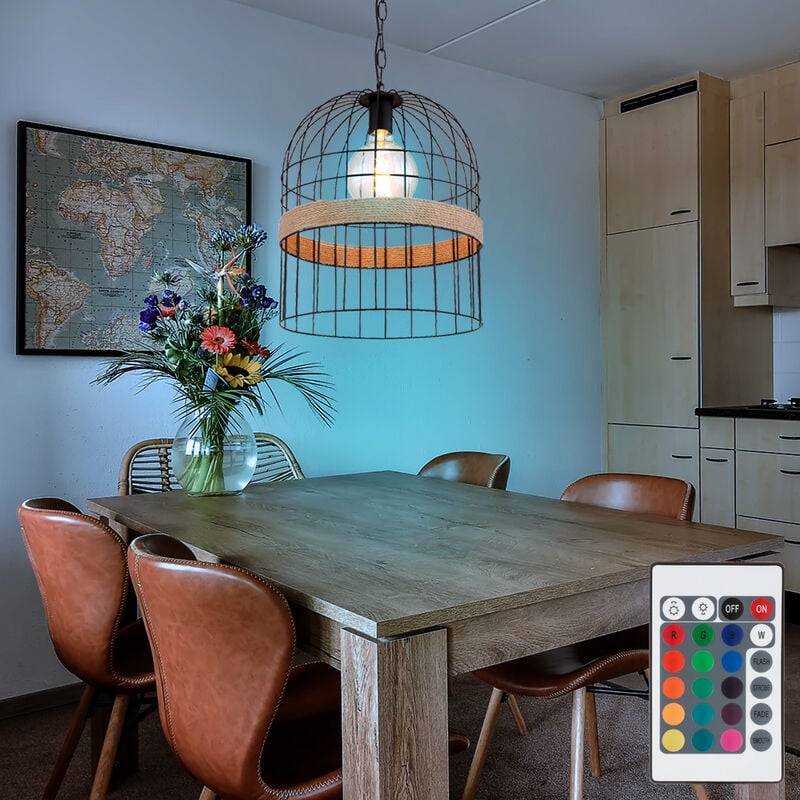 foto del prodotto lampada a sospensione led dimmerabile con telecomando lampada a sospensione in corda di canapa per soggiorno, cambio colore rgb, aspetto griglia