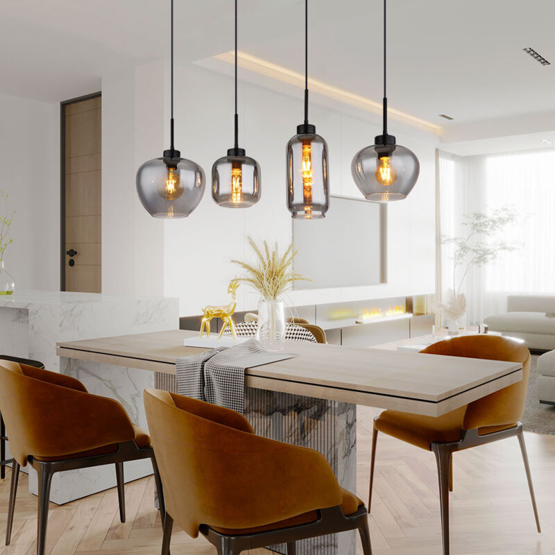 foto del prodotto lampada a sospensione led in vetro fum lampada a sospensione in vetro per sala da pranzo nera, metallo, 4x e27 led a filamento bianco caldo, lxlxh