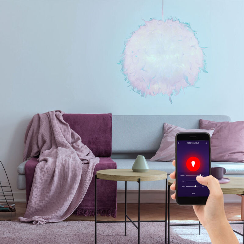 foto del prodotto lampada a sospensione led intelligente, dimmerabile, lampada a sfera con piume, lampada a molla, rosa, lampada a sospensione per cameretta dei
