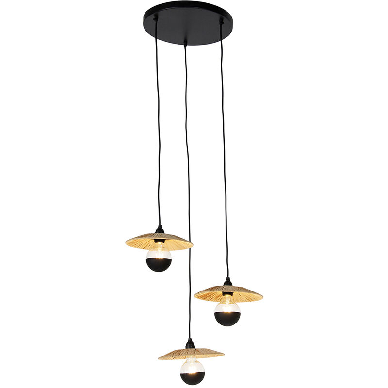 foto del prodotto lampada a sospensione leia - rustico - corda,acciaio - legno nero - tondo max. 3 x watt - qazqa