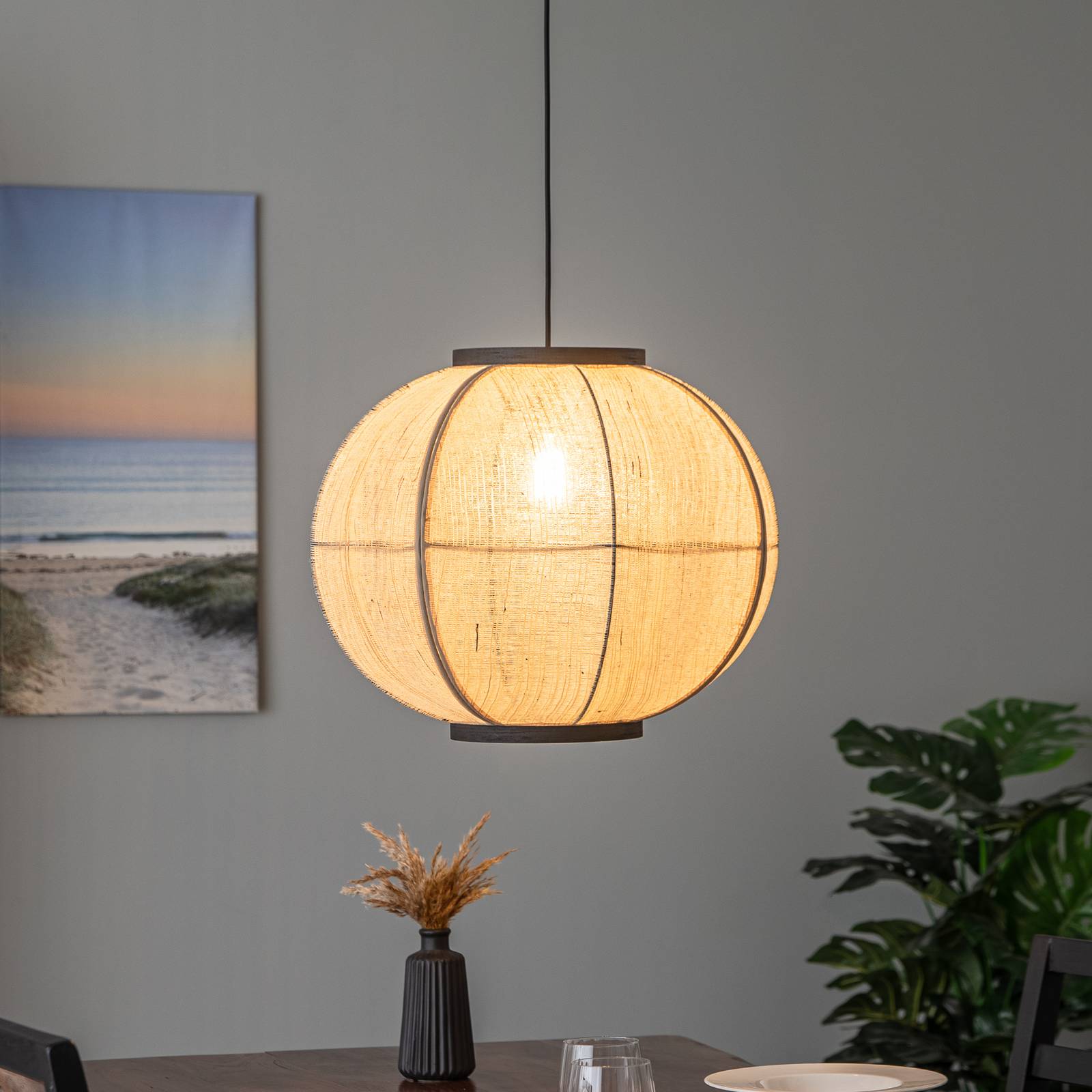 foto del prodotto lampada a sospensione lindby aurinil, color legno, lino, 48 cm, e27