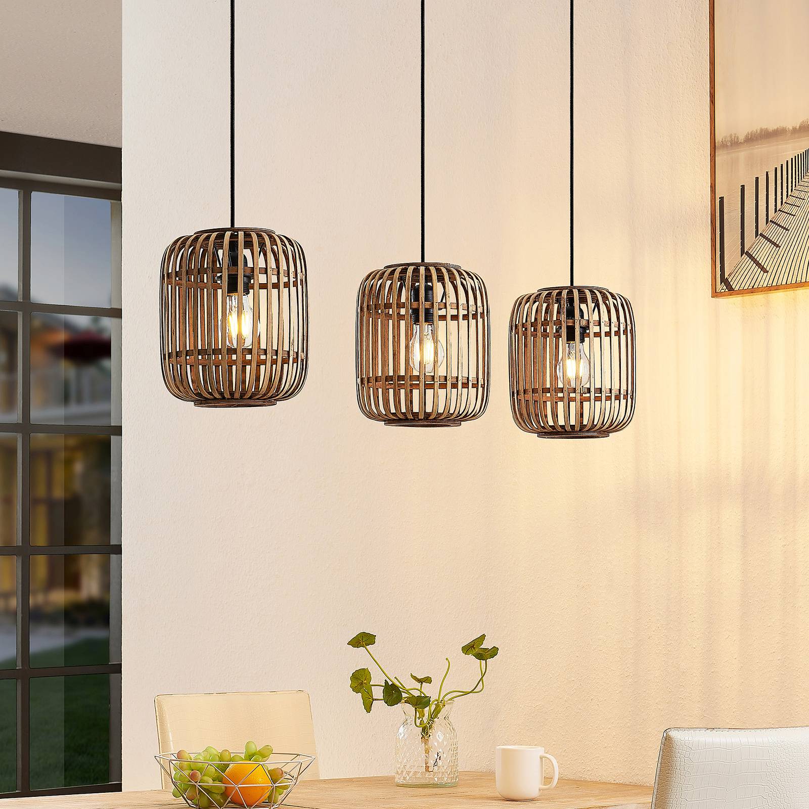 foto del prodotto lampada a sospensione lindby canyana, naturale, a 3 luci, rattan, 105 cm