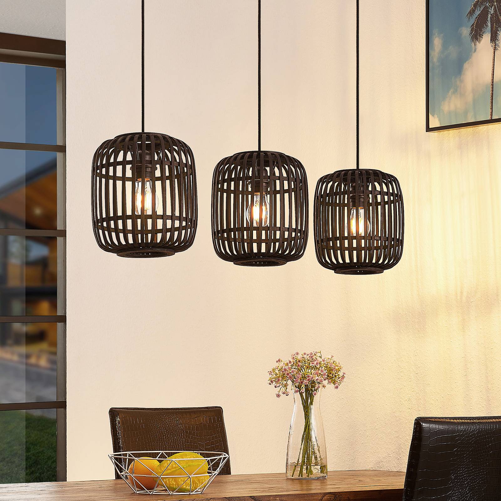 foto del prodotto lampada a sospensione lindby canyana, nera, a 3 luci, rattan, 105 cm