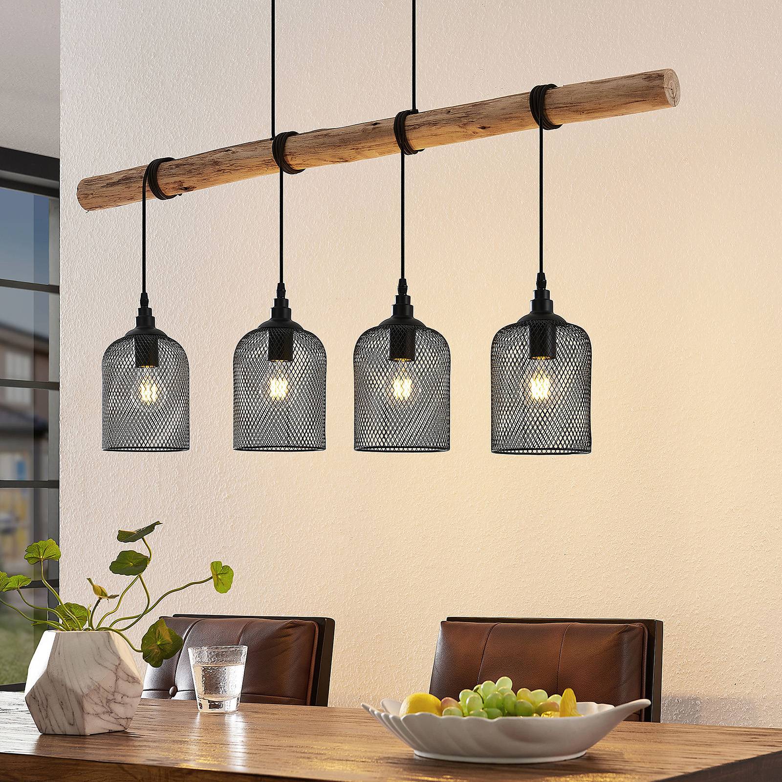 foto del prodotto lampada a sospensione lindby elrond, 116 cm, nera, a 4 luci, legno