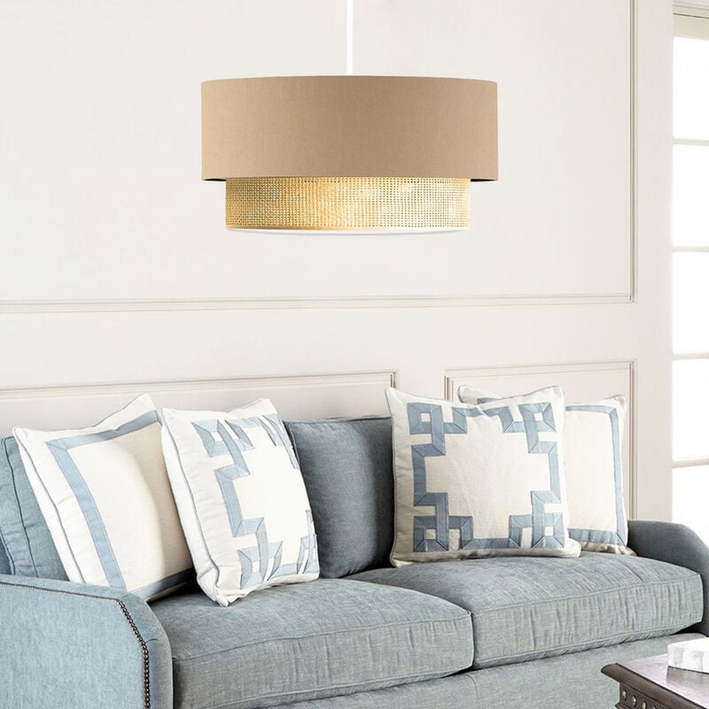 foto del prodotto lampada a sospensione loughborough lampada da soffitto con paralume a doppio cilindro lampadario con abat jour in tessuto beige giallo lux.pro