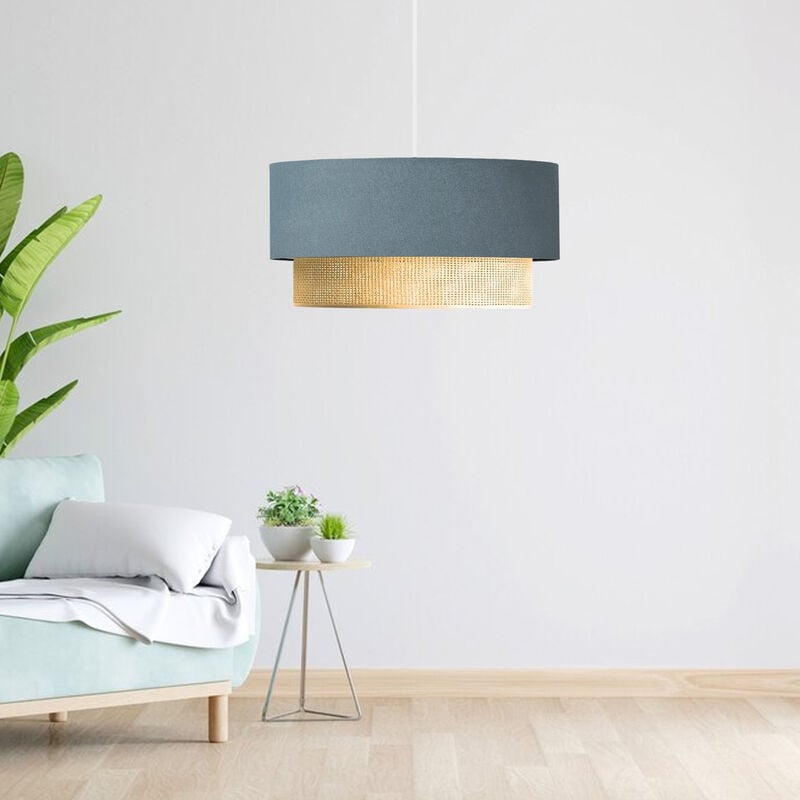 foto del prodotto lampada a sospensione loughborough lampada da soffitto con paralume a doppio cilindro lampadario con abat jour in tessuto blu grigiastro giallo