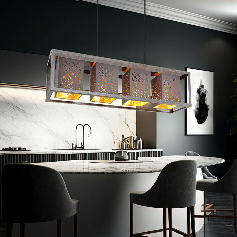 foto del prodotto lampada a sospensione metallo 4 fiamme lampada a sospensione tavolo da pranzo lampada a sospensione punzonatura decorativa orientale, tessuto argento