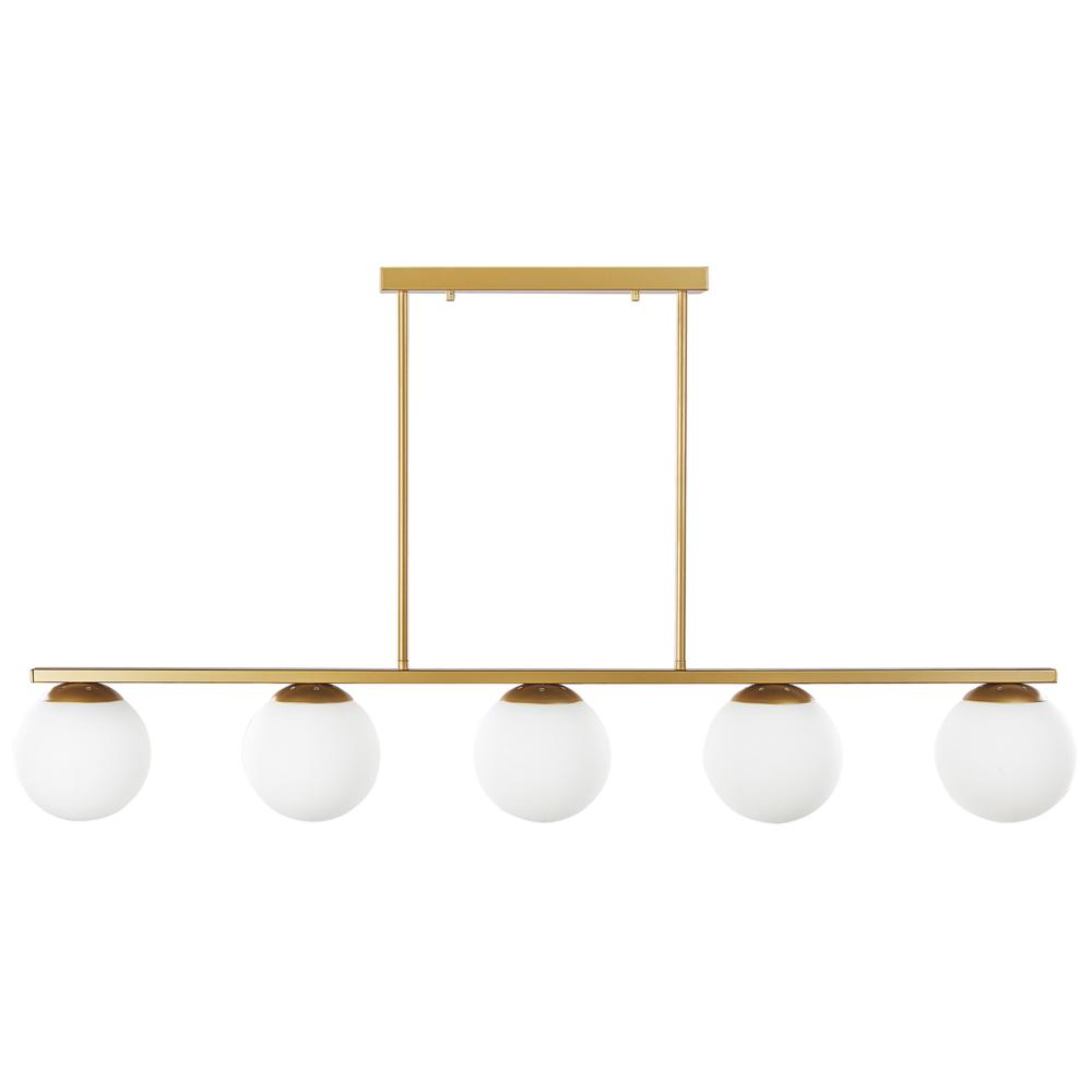 foto del prodotto lampada a sospensione metallo dorato 62 cm 5 luci binario sferico paralumi vetro bianco glamour design cucina sala da pranzo