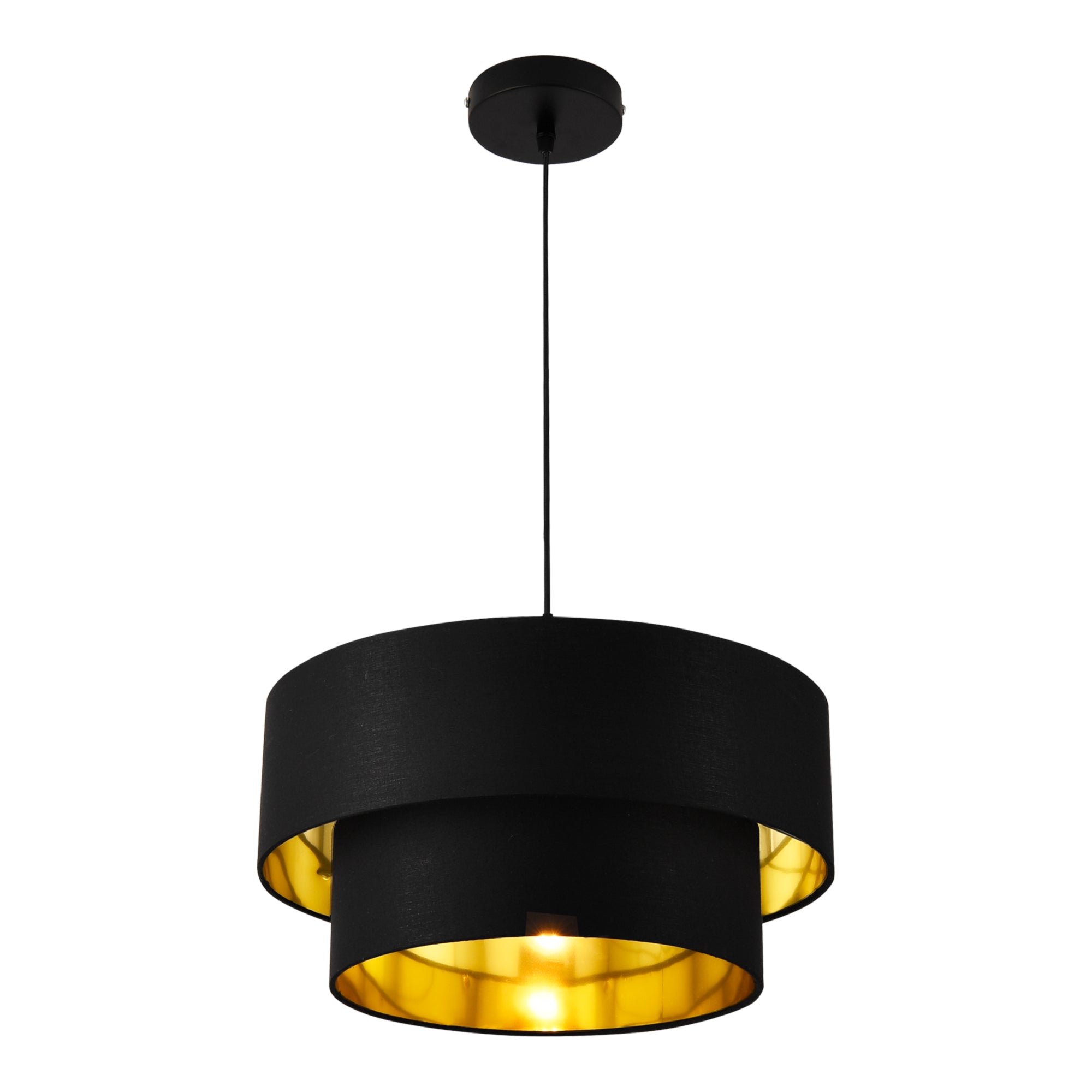 foto del prodotto lampada a sospensione moderna 60w metallo e tessuto diametro 40cm nero oro 03 0005264