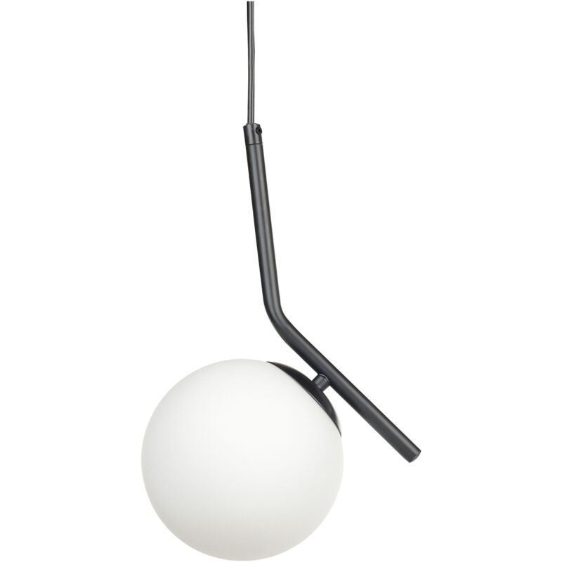 foto del prodotto lampada a sospensione moderna con paralume rotondo in vetro, singola luce, asta in metallo, paralume in vetro bianco e nero wapiti