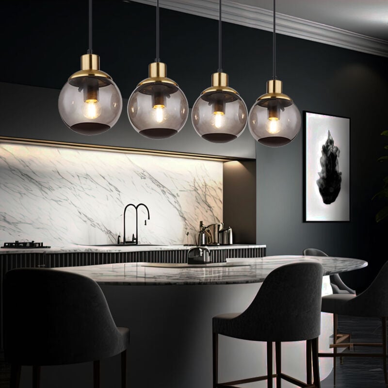 foto del prodotto lampada a sospensione moderna in vetro lampada a sospensione lampada a sospensione in vetro fum nera, 4 fiamme sfere in metallo vetro ottone retrò,