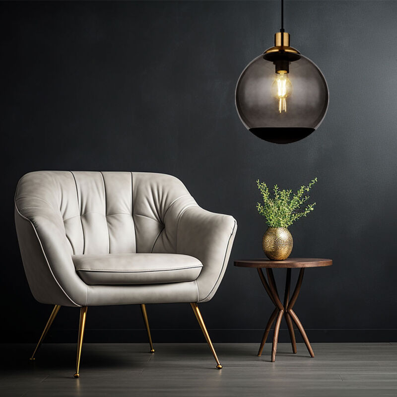 foto del prodotto lampada a sospensione moderna in vetro lampada a sospensione lampada a sospensione in vetro fum nero, sfera di vetro in metallo ottone retrò, 1x