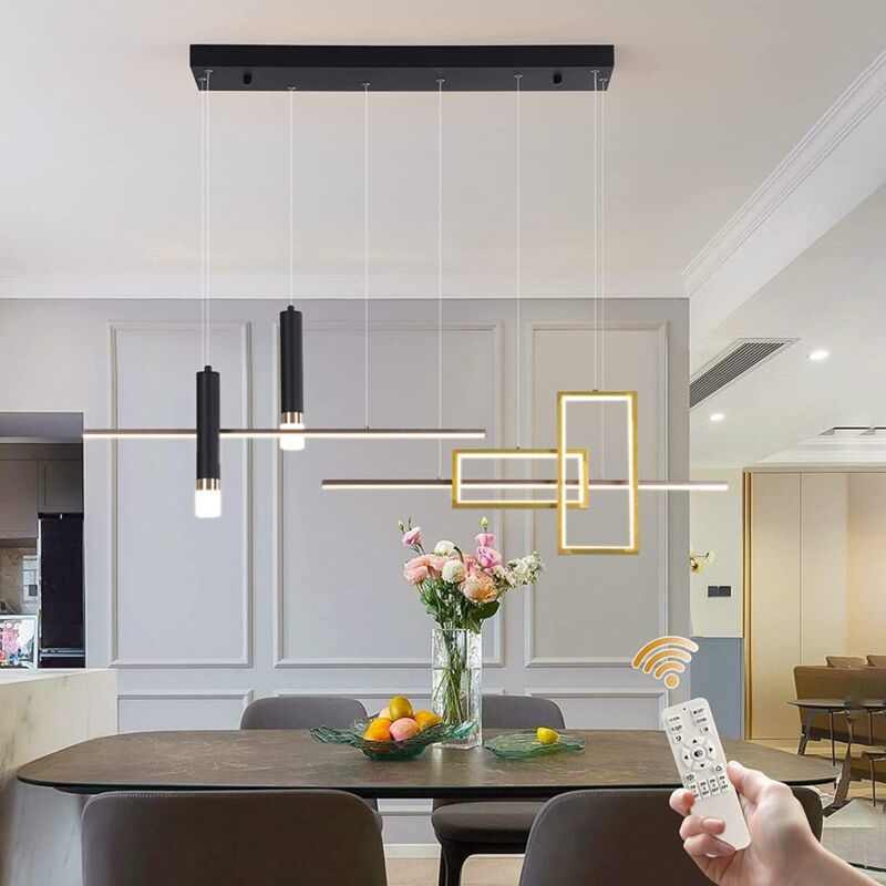 foto del prodotto lampada a sospensione moderna, lampadario a led nero creativo lampada a sospensione a onda lineare dimmerabile telecomando, isola da cucina