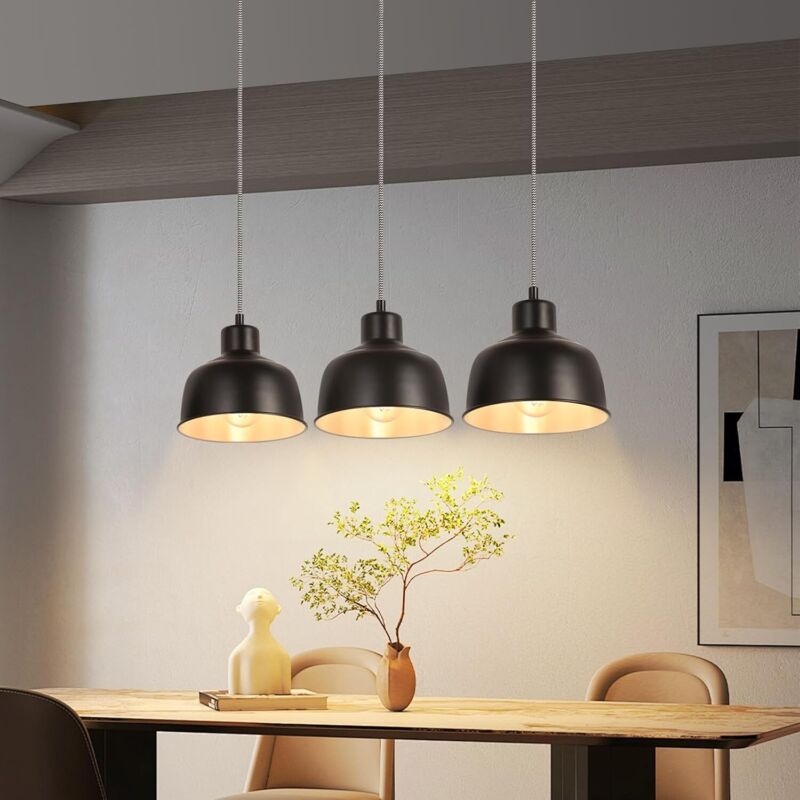 foto del prodotto lampada a sospensione nera 3 fiamme lampada da sala da pranzo e27 regolabile in altezza lampadario a sospensione vintage per tavolo da pranzo