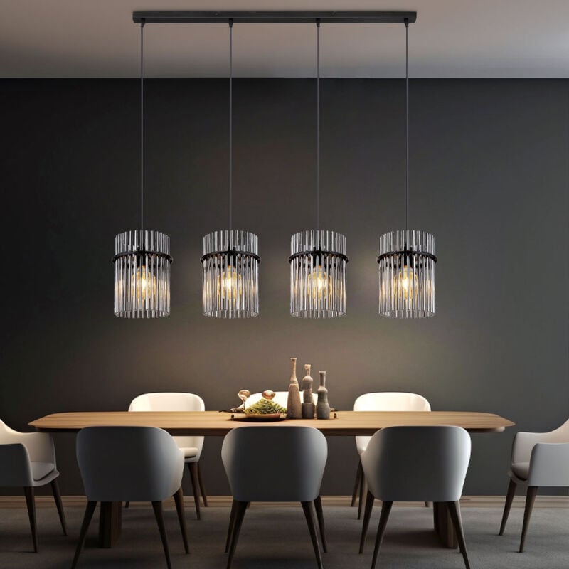 foto del prodotto lampada a sospensione nera da tavolo lampada a sospensione a 4 fiamme in vetro fum , metallo nero, 4x led 9w 810lm bianco caldo, h 140 cm