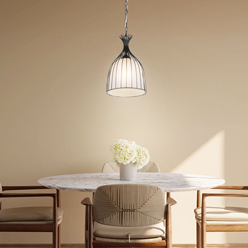 foto del prodotto lampada a sospensione nera lampada a sospensione da ingresso lampada da soffitto in vetro sala da pranzo nera, design a gabbia bianco opalino, 1x