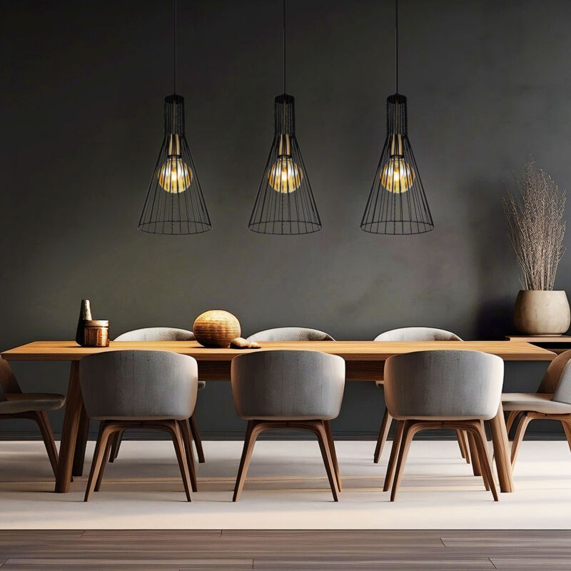 foto del prodotto lampada a sospensione nera lampada a sospensione lampada da tavolo da pranzo lampada da sala da pranzo a 3 luci, design a gabbia industriale, metallo