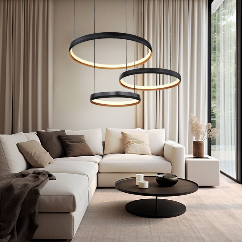 foto del prodotto lampada a sospensione nera lampada da sala da pranzo dimmerabile, anelli led telecomando cct, oro, led 55w 1800lm 2700-6000k, lxpxh 76,7x50,3x150 cm