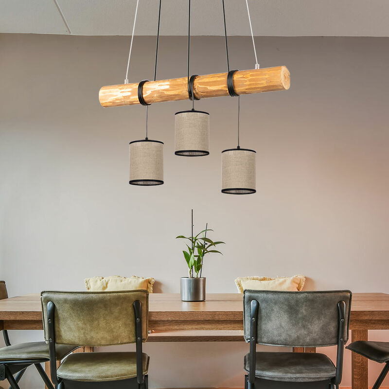 foto del prodotto lampada a sospensione, nera, tavolo da pranzo, lampada, casa di campagna, travi in legno, regolabile in altezza, beige, 3x e27, lxlxa 65x13x140cm