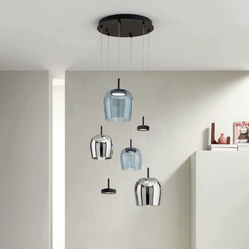 foto del prodotto lampada a sospensione nina 6 luci led 45 cm in metallo nero e vetri colorati