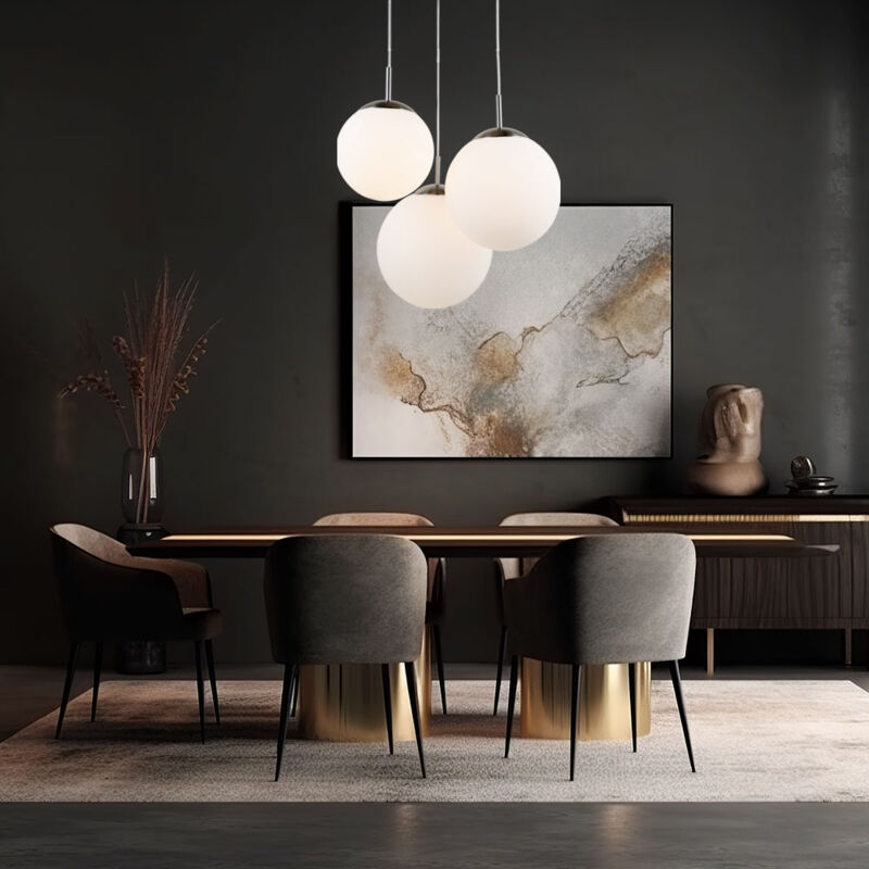 foto del prodotto lampada a sospensione palle lampada a sfera a 3 fiamme lampada a sospensione in vetro bianco lampada da tavolo da pranzo, nichel opaco, 3x e27, dxh