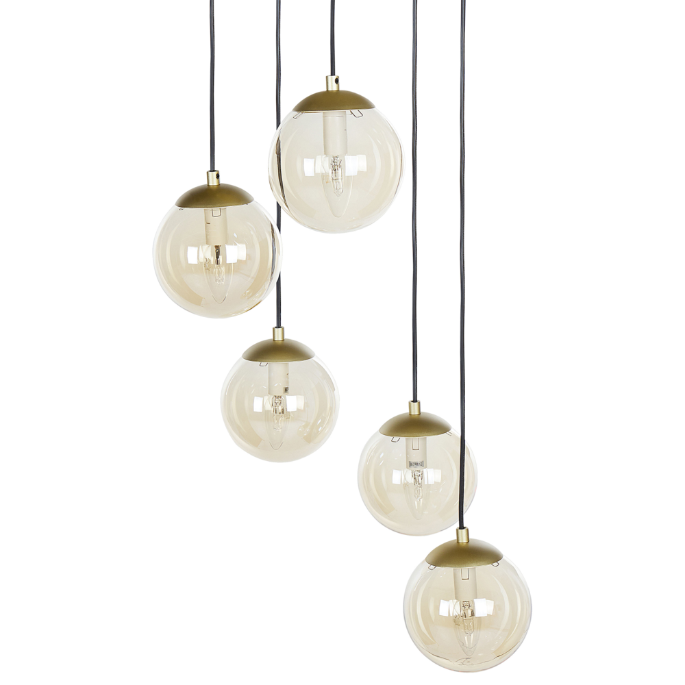 foto del prodotto lampada a sospensione paralumi in vetro trasparente fum metallo oro 5 luci base nera design moderno accessori per la casa soggiorno
