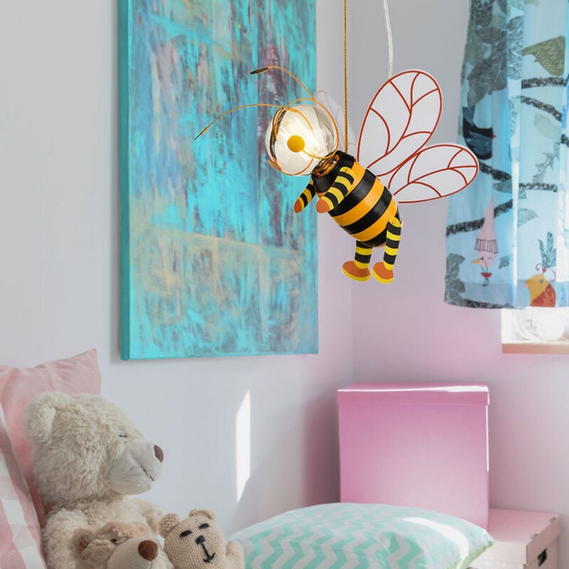 foto del prodotto lampada a sospensione per cameretta dei bambini lampada a sospensione ape led lampada da camera ragazzo ragazza, metallo nero giallo, led 7w 700lm
