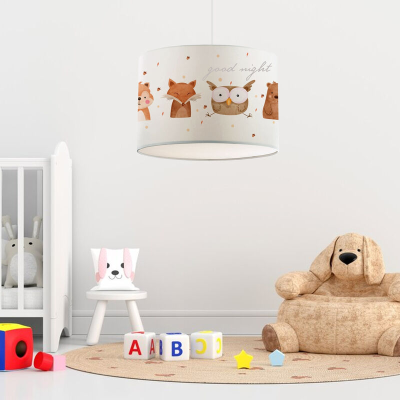 foto del prodotto lampada a sospensione per cameretta rugby lampadario per bambini lampada da soffitto con paralume in tessuto bianco con disegno animaletti lux.pro