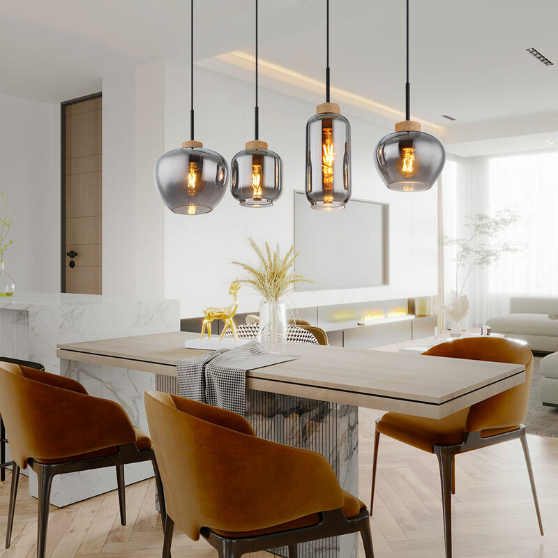 foto del prodotto lampada a sospensione per sala da pranzo a sospensione 4 fiamme fumo lampada a sospensione vetro fum , metallo, 4 prese e27, lxpxh 96x23x120 cm