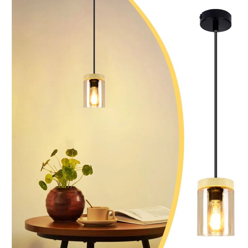 foto del prodotto lampada a sospensione per tavolo da pranzo in vetro a 1 fiamma lampada a sospensione in metallo nero vintage con paralume in legno e27 lampada a