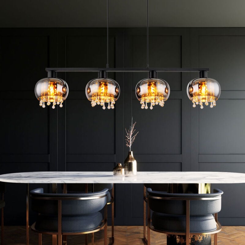 foto del prodotto lampada a sospensione plafoniera a sospensione 4 luci metallo vetro cristalli l 114 cm