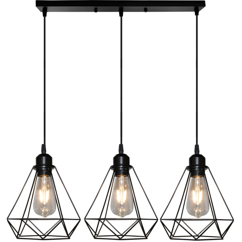 foto del prodotto lampada a sospensione, plafoniera con gabbia in metallo diamante, lampadari per soggiorno cucina nero 3 luci base rettangolare