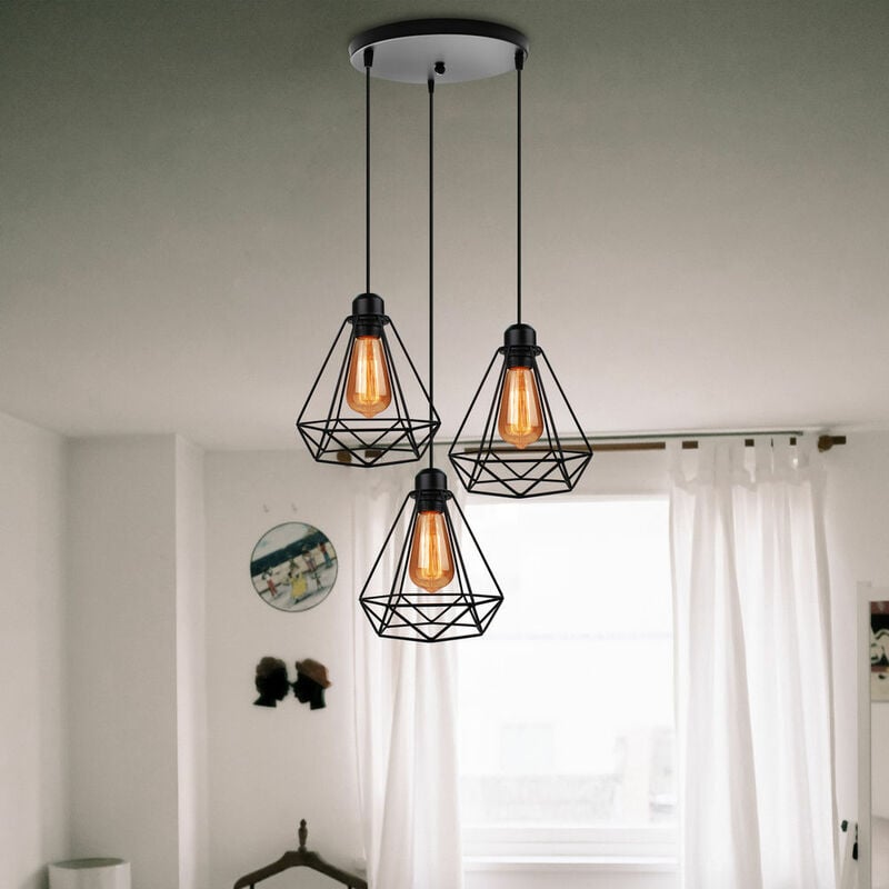 foto del prodotto lampada a sospensione, plafoniera con gabbia in metallo diamante, lampadari per soggiorno cucina nero 3 luci base rotonda