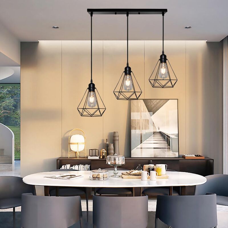 foto del prodotto lampada a sospensione, plafoniera con gabbia in metallo diamante, lampadari per soggiorno cucina nero 3 luci con portalampada a palo lungo