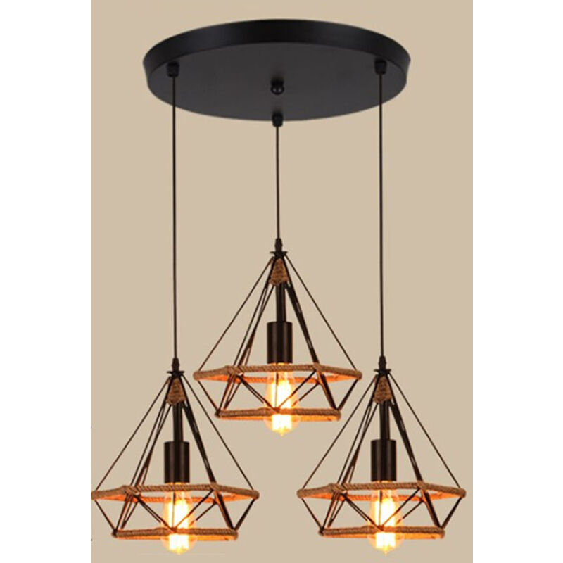 foto del prodotto lampada a sospensione, plafoniera in corda di canapa, gabbia di diamante, lampadari per soggiorno cucina 3 luci