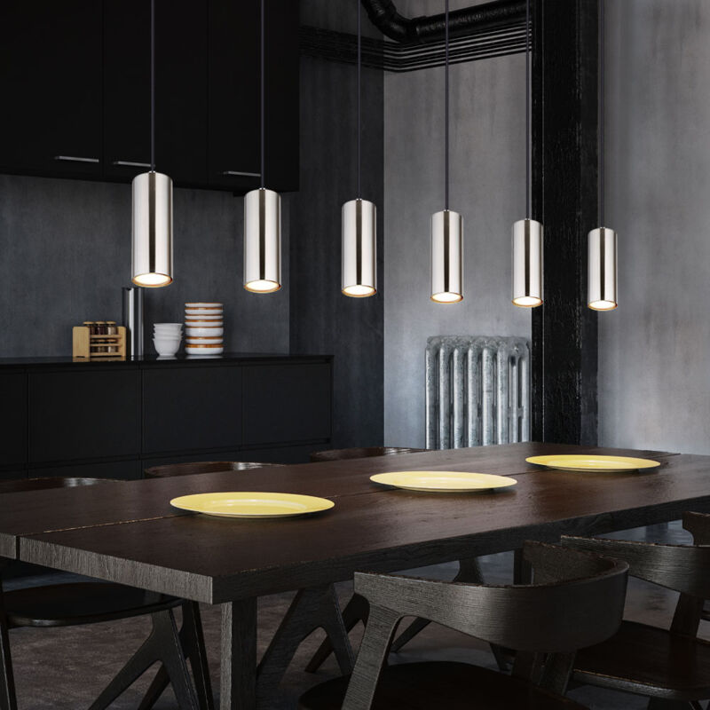 foto del prodotto lampada a sospensione, plafoniera, lampada sala da pranzo, lampada da soggiorno, metallo cromato nichel, lampadine gu10 6, h 120 cm