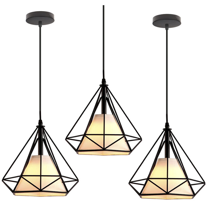 foto del prodotto lampada a sospensione, plafoniera vintage con gabbia di 25cm diamante, illuminazione e27 per soggiorno sala da pranzo taverna nero 3pcs