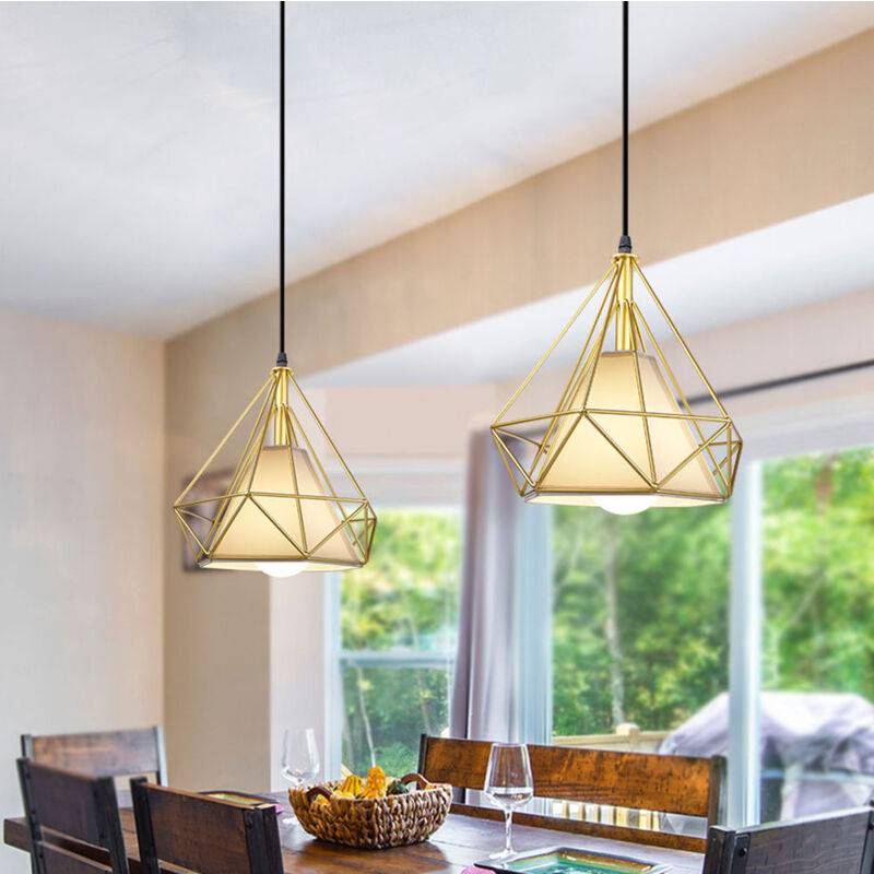 foto del prodotto lampada a sospensione, plafoniera vintage con gabbia di 25cm diamante, illuminazione e27 per soggiorno sala da pranzo taverna oro 2 pezzi
