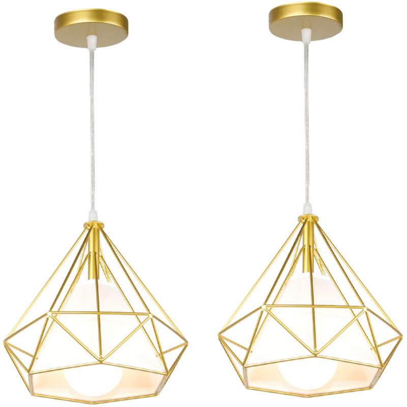 foto del prodotto lampada a sospensione, plafoniera vintage con gabbia di 25cm diamante, illuminazione e27 per soggiorno sala da pranzo taverna tutto oro 2pcs