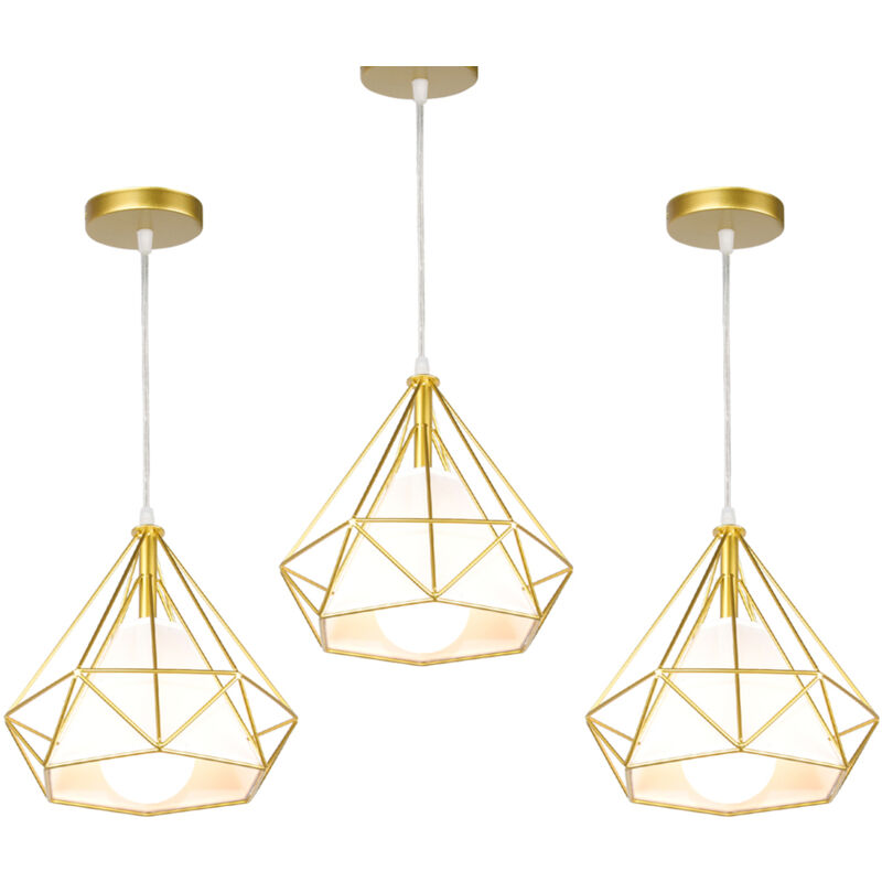 foto del prodotto lampada a sospensione, plafoniera vintage con gabbia di 25cm diamante, illuminazione e27 per soggiorno sala da pranzo taverna tutto oro 3pcs