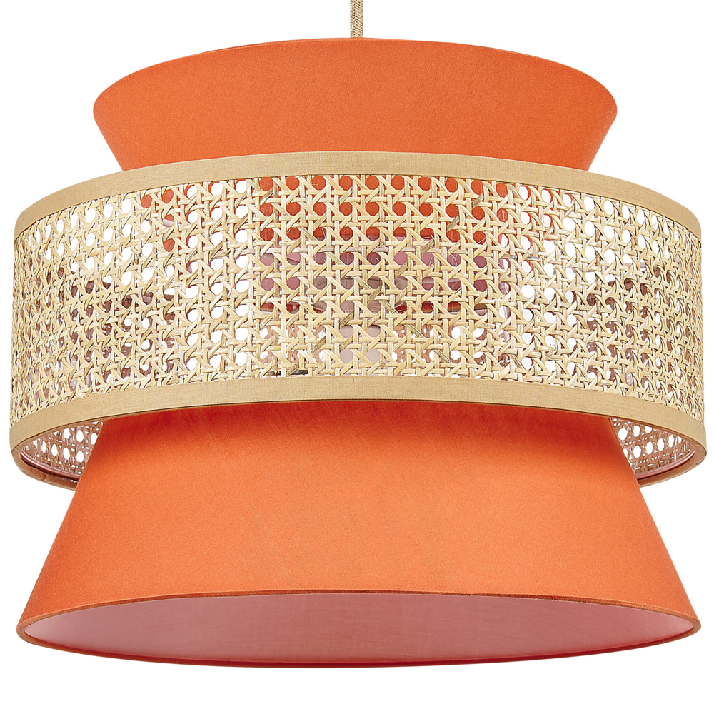 foto del prodotto lampada a sospensione rattan naturale rosso corallo paralume in poliestere illuminazione boho