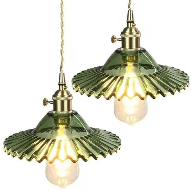 foto del prodotto lampada a sospensione retr lampadario da soffitto paralume vetro plafoniera interna regolabile verde 2 pezzi